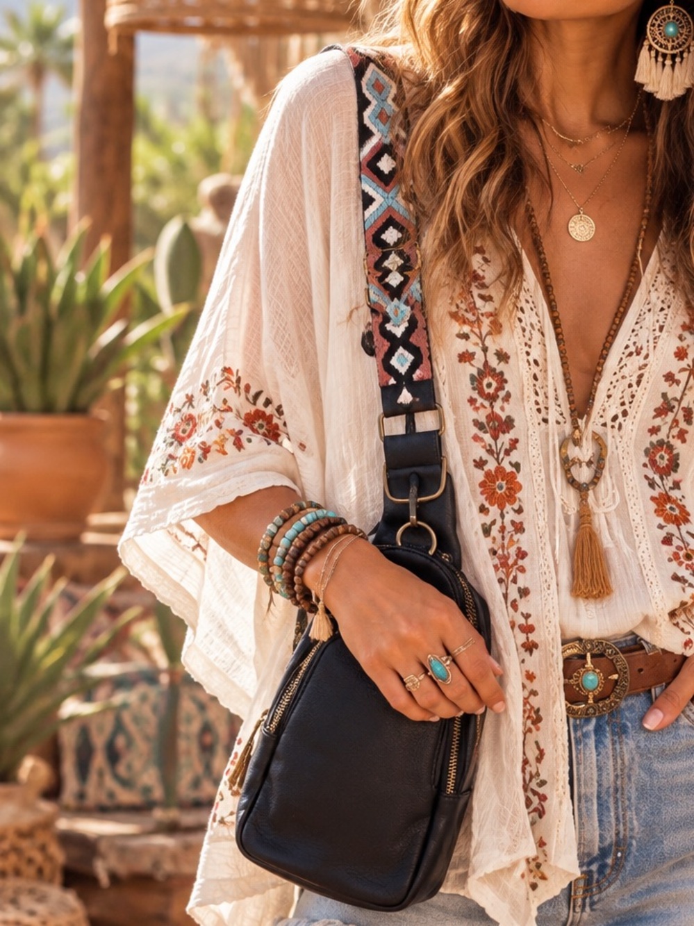 Anthropologie Black Pebbled Sling with Patterned Strap OS